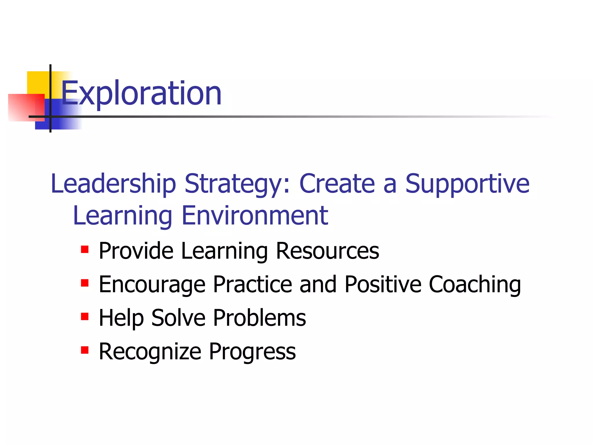 Exploration Leadership Strategy: Create a Supportive Learning Environment Provide Learning Resources Encourage Practice and Positive Coaching Help Solve Problems Recognize Progress 