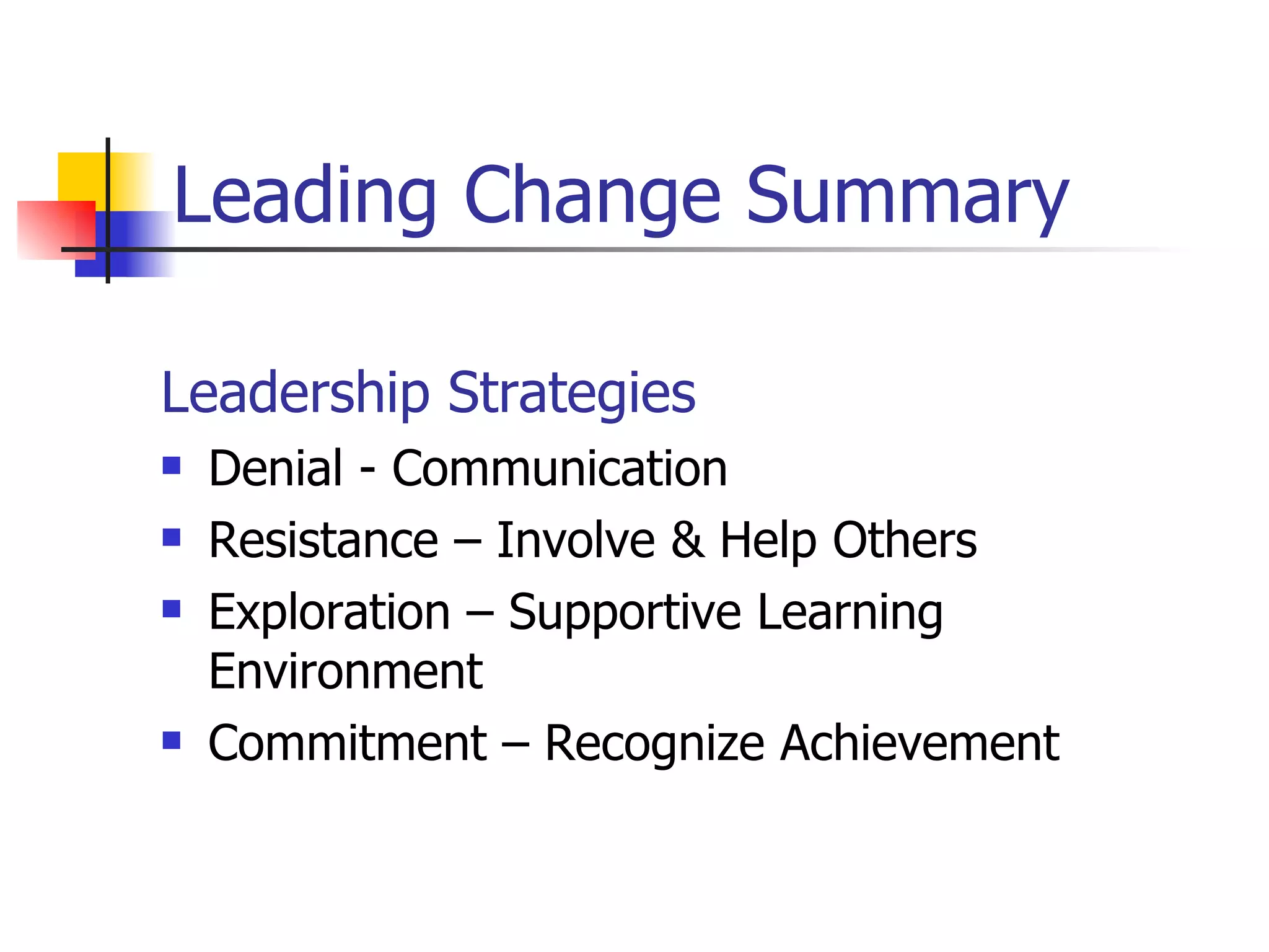 Leading Change Summary Leadership Strategies Denial - Communication Resistance – Involve & Help Others  Exploration – Supportive Learning Environment Commitment – Recognize Achievement 
