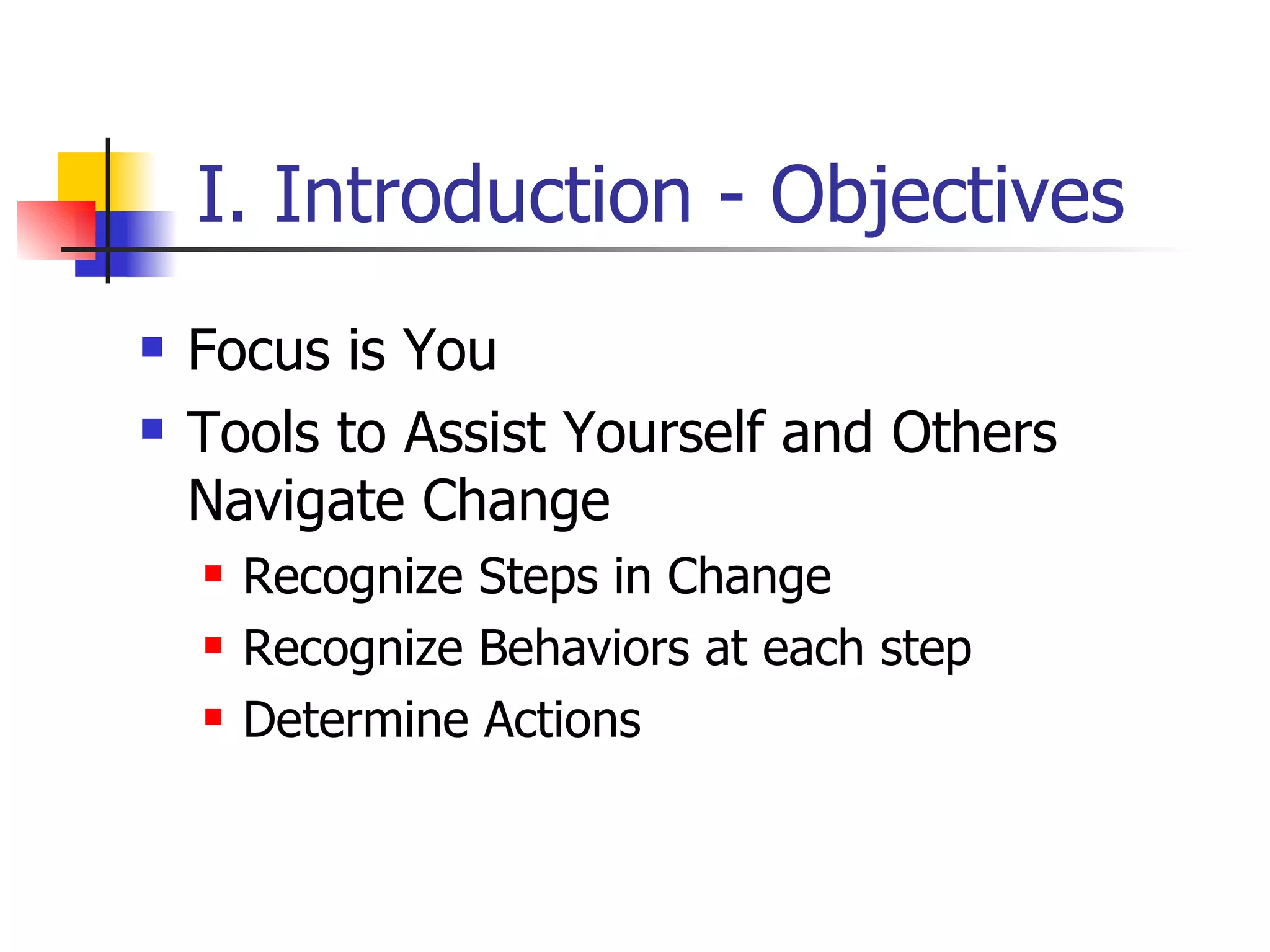  I. Introduction - Objectives Focus is You Tools to Assist Yourself and Others  Navigate Change Recognize Steps in Change  Recognize Behaviors at each step Determine Actions 