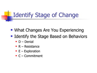 Identify Stage of Change <ul><li>What Changes Are You Experiencing </li></ul><ul><li>Identify the Stage Based on Behaviors...