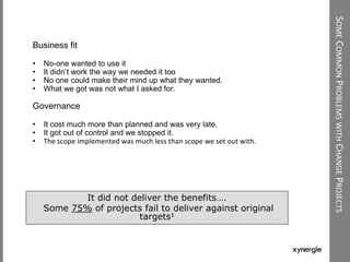 SOMECOMMONPROBLEMSWITHCHANGEPROJECTS
Business fit
• No-one wanted to use it
• It didn‟t work the way we needed it too
• No one could make their mind up what they wanted.
• What we got was not what I asked for.
Governance
• It cost much more than planned and was very late.
• It got out of control and we stopped it.
• The scope implemented was much less than scope we set out with.
It did not deliver the benefits….
Some 75% of projects fail to deliver against original
targets1
 