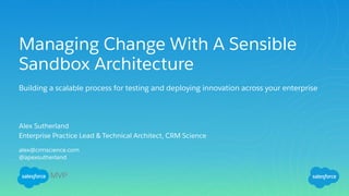 Managing Change With A Sensible
Sandbox Architecture
Building a scalable process for testing and deploying innovation across your enterprise
Alex Sutherland
Enterprise Practice Lead & Technical Architect, CRM Science
alex@crmscience.com
@apexsutherland
 