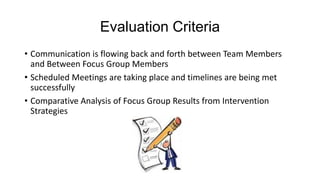 Evaluation Criteria
• Communication is flowing back and forth between Team Members
and Between Focus Group Members
• Scheduled Meetings are taking place and timelines are being met
successfully
• Comparative Analysis of Focus Group Results from Intervention
Strategies

 