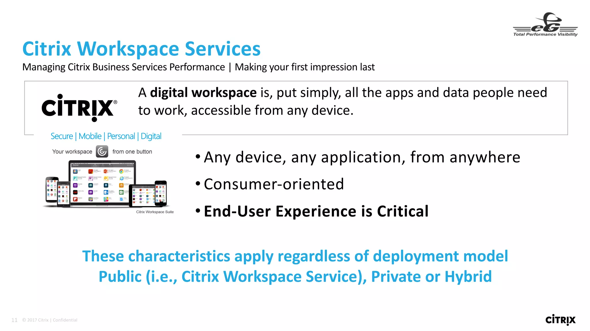 11 ©	2017	Citrix	|	Confidential	
• Any	device,	any	application,	from	anywhere
• Consumer-oriented
• End-User	Experience	is	Critical
Citrix	Workspace	Services
Managing	Citrix	Business	Services	Performance	|	Making	your	first	impression	last
A	digital workspace is,	put	simply,	all	the	apps	and	data	people	need	
to	work,	accessible	from	any	device.
These	characteristics	apply	regardless	of	deployment	model
Public	(i.e.,	Citrix	Workspace	Service),	Private	or	Hybrid
 