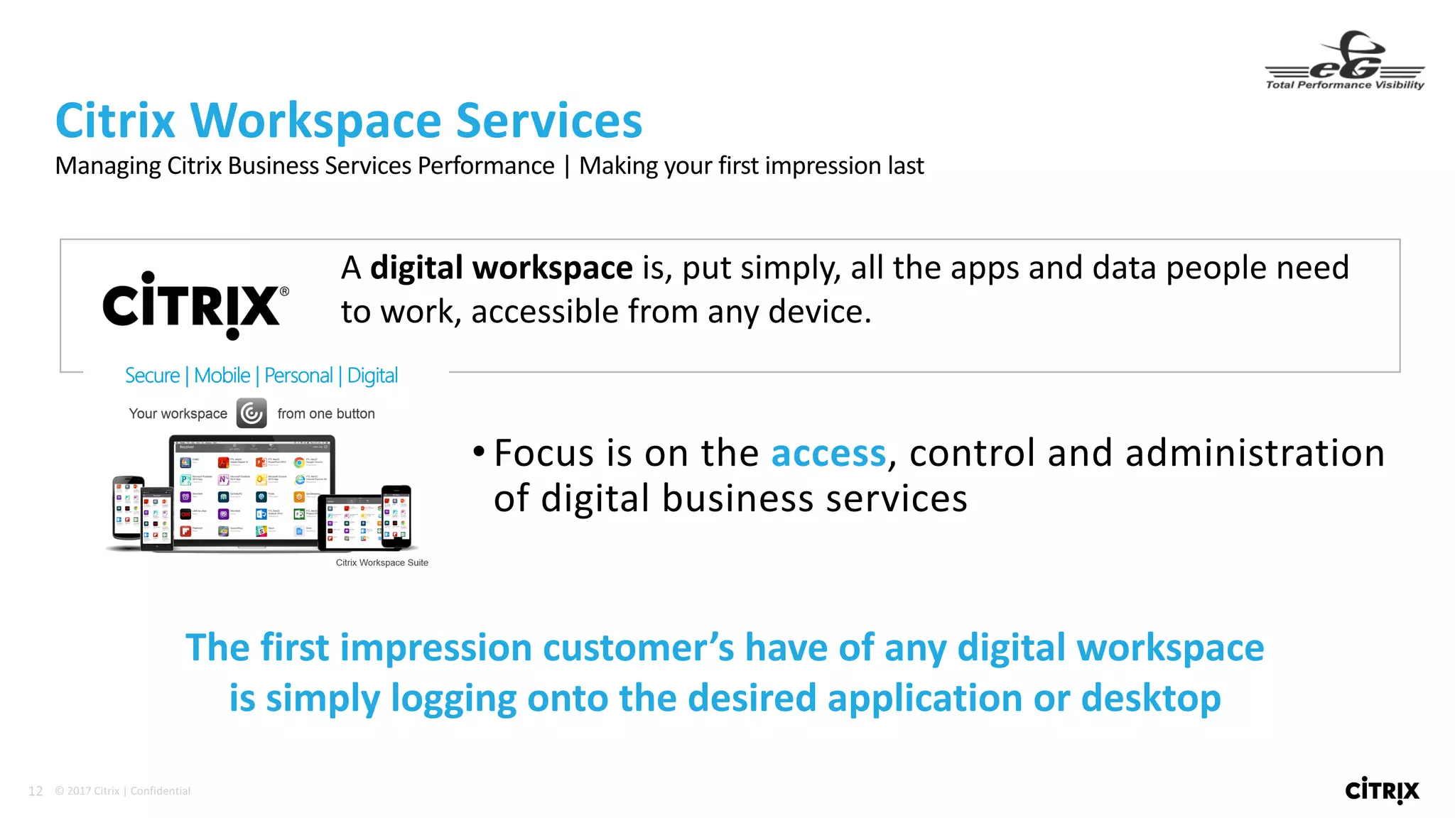 12 ©	2017	Citrix	|	Confidential	
• Focus	is	on	the	access,	control	and	administration	
of	digital	business	services
Citrix	Workspace	Services
Managing	Citrix	Business	Services	Performance	|	Making	your	first	impression	last
A	digital workspace is,	put	simply,	all	the	apps	and	data	people	need	
to	work,	accessible	from	any	device.
The	first	impression	customer’s	have	of	any	digital	workspace	
is	simply	logging	onto	the	desired	application	or	desktop
 