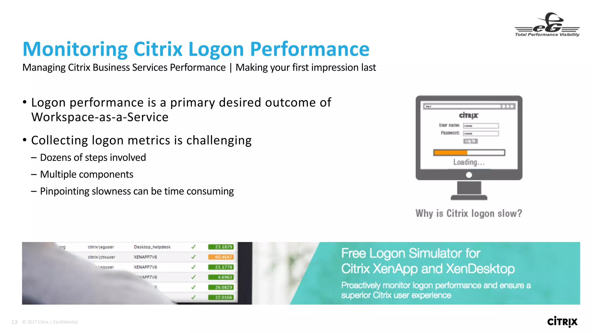 13 ©	2017	Citrix	|	Confidential	
• Logon	performance	is	a	primary	desired	outcome	of	
Workspace-as-a-Service
• Collecting	logon	metrics	is	challenging
– Dozens	of	steps	involved
– Multiple	components
– Pinpointing	slowness	can	be	time	consuming
Monitoring	Citrix	Logon	Performance
Managing	Citrix	Business	Services	Performance	|	Making	your	first	impression	last
 