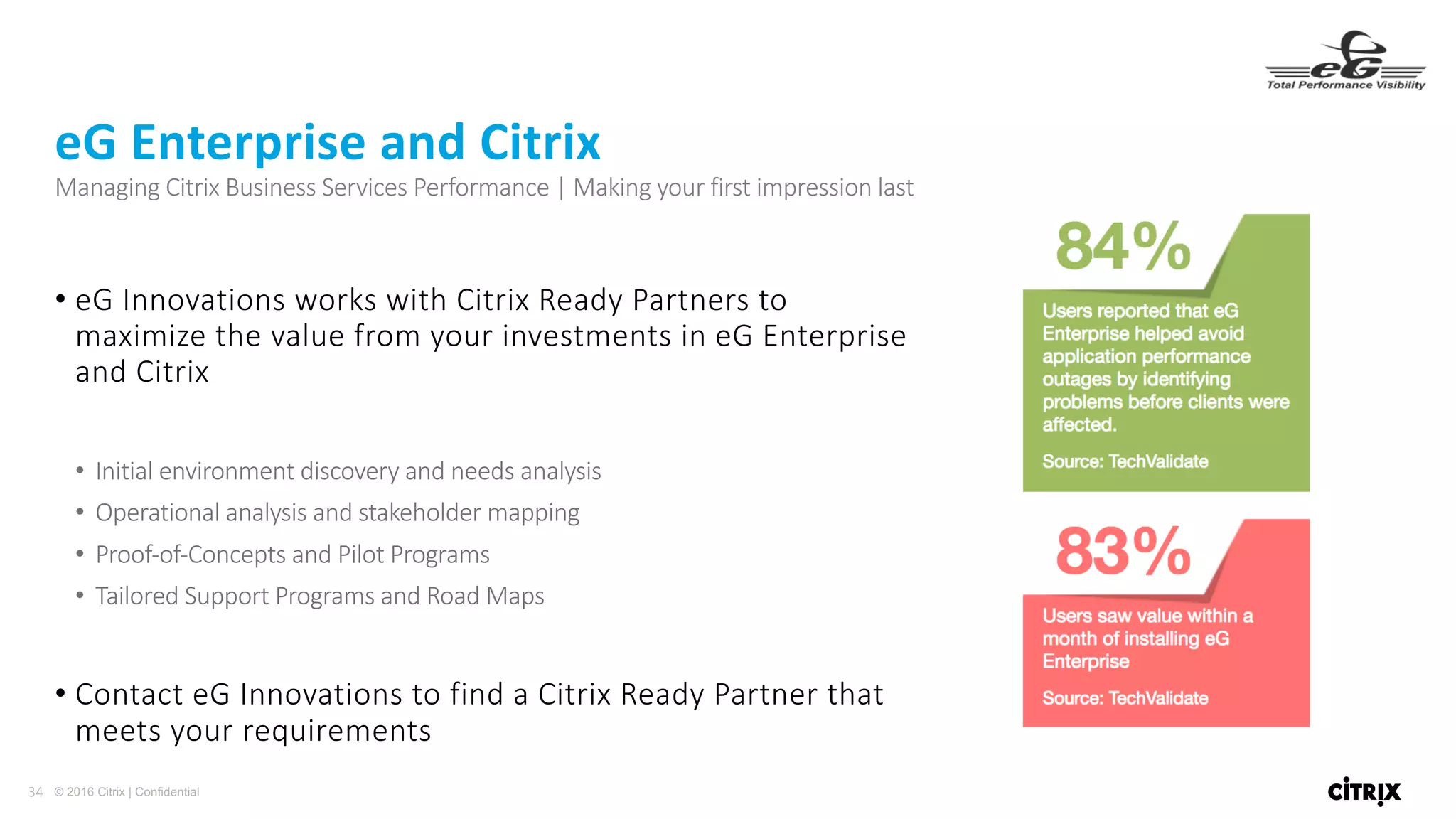 34 © 2016 Citrix | Confidential
• eG Innovations	works	with	Citrix	Ready	Partners	to	
maximize	the	value	from	your	investments	in	eG Enterprise	
and	Citrix
• Initial	environment	discovery	and	needs	analysis
• Operational	analysis	and	stakeholder	mapping
• Proof-of-Concepts	and	Pilot	Programs
• Tailored	Support	Programs	and	Road	Maps
• Contact	eG Innovations	to	find	a	Citrix	Ready	Partner	that	
meets	your	requirements
eG Enterprise	and	Citrix
Managing	Citrix	Business	Services	Performance	|	Making	your	first	impression	last
 