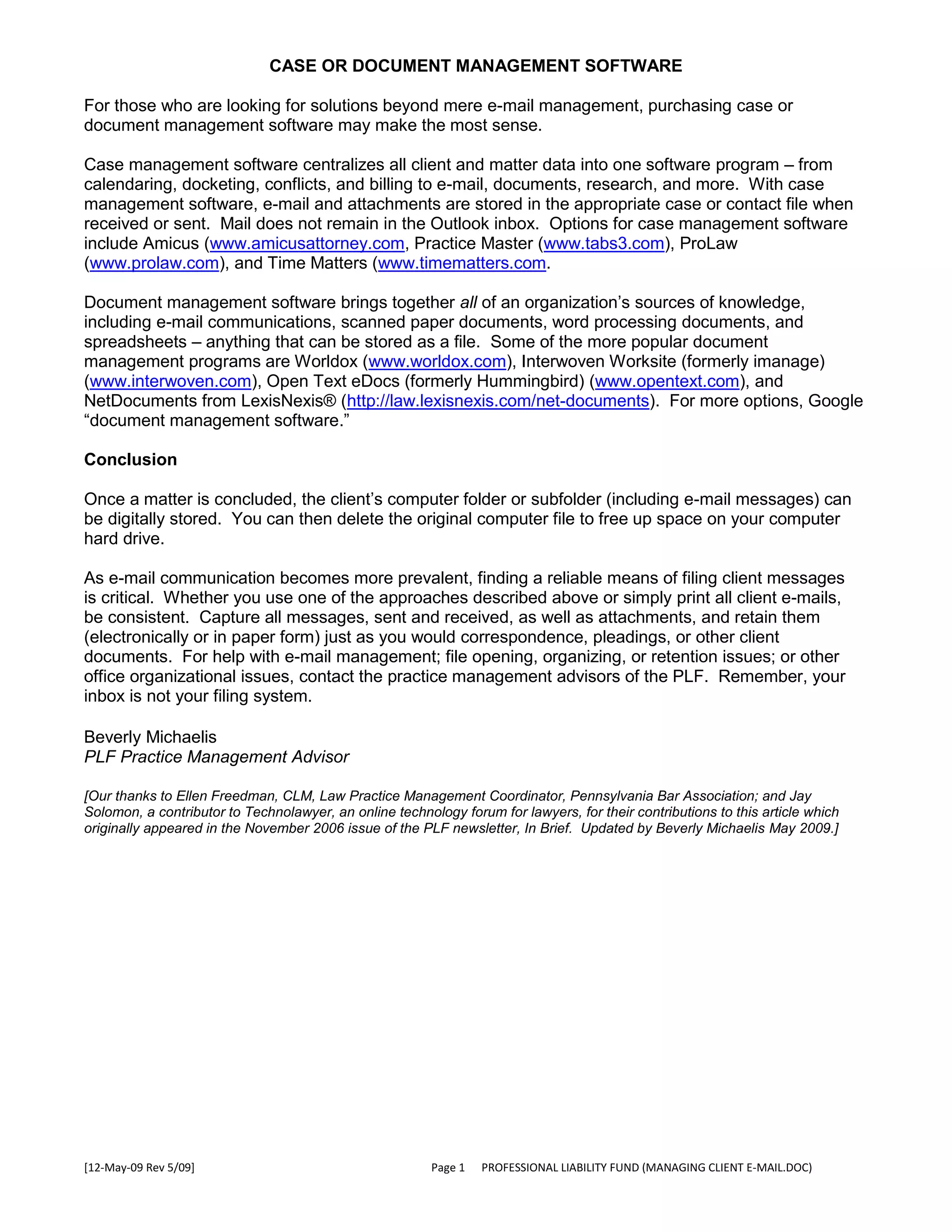 Managing Client E Mail