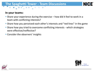 The Spaghetti Tower - Team Discussions

In your teams:
 Share your experience during the exercise – how did it feel to work in a
  team with conflicting interests?
 Share how you perceived each other’s interests and “red lines” in the game
 Share how you tried to overcome conflicting interests - which strategies
  were effective/ineffective?
 Consider the observers’ insights




                                                                         Team
                                                                      Assignment
 