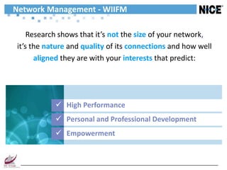Network Management - WIIFM

    Research shows that it’s not the size of your network,
it’s the nature and quality of its connections and how well
      aligned they are with your interests that predict:




            High Performance
            Personal and Professional Development
            Empowerment
 