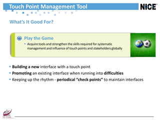 Touch Point Management Tool

What’s It Good For?


        Play the Game
         Acquire tools and strengthen the skills required for systematic
          management and influence of touch points and stakeholders globally




 Building a new interface with a touch point
 Promoting an existing interface when running into difficulties
 Keeping up the rhythm - periodical “check points” to maintain interfaces
 