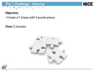The T Challenge - Exercise

Objective:
 Create a T shape with 4 puzzle pieces

Time: 5 minutes
 