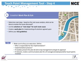 Touch Point Management Tool - Step 4


 4      Establish Work Plan & SLA


  Determine next steps - based on the root cause analysis, what can be
   done to resolve the issues discussed?
  List the solutions or "next steps" for each route cause
  Create a work plan for implementing all solutions agreed upon
  Define your SLA guidelines
                                                                                4



 Tips      Make sure to focus on execution. Define:
             Who is responsible for the implementation?
             implementation process?
             If needed, present the plan & SLA to top management and get its approval
             If relevant, create a communication plan for all managers/employees/other touch points
              involved

                                                                                                       50
 