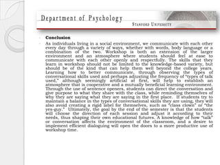 ConclusionAs individuals living in a social environment, we communicate with each other every day through a variety of ways, whether with words, body language or a combination of the two. Workshop is both an extension of the larger environment and an atmosphere where students should feel at ease to communicate with each other openly and respectfully. The skills that they learn in workshop should not be limited to the knowledge-based variety, but should be of the kind that can help them well beyond the college years. Learning how to better communicate, through observing the types of conversational skills used and perhaps adjusting the frequency of “types of talk used,” although seemingly artificial at first, will help to establish an atmosphere that is cooperative and a mutually beneficial learning environment. Through the use of sentence openers, students can direct the conversation and give purpose to what they share with the class, while reminding themselves of why they are saying what they are saying in the first place.  If students try to maintain a balance in the types of conversational skills they are using, they will also avoid creating a rigid label for themselves, such as “class clown” or “the yes-guy.”  Ultimately, the goal by the end of the semester is that the students will choose the direction of each session and adjust it according to their needs, thus shaping their own educational futures. A knowledge of how “talk” or conversation affects the environment of the classroom, and a desire to implement efficient dialoguing will open the doors to a more productive use of workshop time.