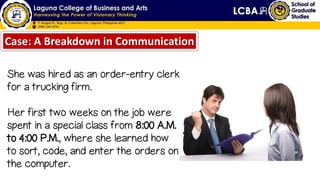 She was hired as an order-entry clerk
for a trucking firm.
Her first two weeks on the job were
spent in a special class from 8:00 A.M.
to 4:00 P.M., where she learned how
to sort, code, and enter the orders on
the computer.
Case: A Breakdown in Communication
 