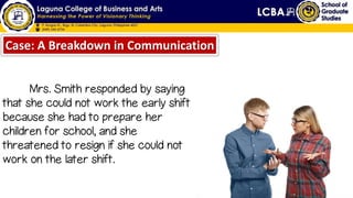 Mrs. Smith responded by saying
that she could not work the early shift
because she had to prepare her
children for school, and she
threatened to resign if she could not
work on the later shift.
Case: A Breakdown in Communication
 