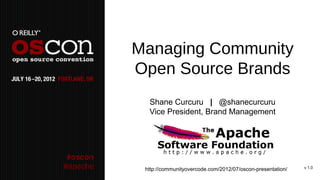 Managing Community
          Open Source Brands
            Shane Curcuru | @shanecurcuru
            Vice President, Brand Management




#apache    http://communityovercode.com/2012/07/oscon-presentation/   v 1.0
 