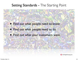 Setting Standards - The Starting Point
• Find out what people need to know
• Find out what people need to do
• Find out what your customers want
OnTheJobTraining.com
20Thursday, 9 April, 15
 