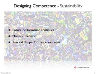 Designing Competence - Sustainability
• Ensure performance continues
• Monitor metrics
• Reward the performance you want
OnTheJobTraining.com
41Thursday, 9 April, 15
 