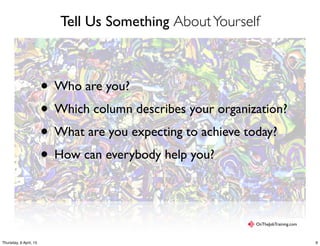 Tell Us Something AboutYourself
• Who are you?
• Which column describes your organization?
• What are you expecting to achieve today?
• How can everybody help you?
OnTheJobTraining.com
9Thursday, 9 April, 15
 