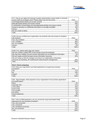  
	
  
	
  
Q17. How do you detect the sharing of system administration access rights or root level
access rights by privileged users? Please select only one top choice.
Technology-based identity and access controls
Manually-based identity and access controls
A combination of technology and manually-based identity and access controls
Access to sensitive or confidential information is not really controlled
Unsure
We are unable to detect
Total

Pct%
21%
39%
9%
18%
3%
10%
100%

Q18a. Are you confident your organization can ascertain that user access is compliant
with policies?
Yes, very confident
Yes, confident
No, not confident
Unsure
Total

Pct%
18%
26%
50%
6%
100%

Q18b. If no, please select one main reason.
We can’t create a unified view of user access across the enterprise
We only have visibility into user account information but not entitlement information
We can’t apply controls that span across information resources
We can’t keep up with the changes occurring to our organization’s information
resources (on-boarding, off- boarding and outsourcing for management)
Total
Part 4. Cloud computing
Q19. Does your organization use SaaS applications to support key business
processes?
Yes
No
Unsure
Total
Q20. Approximately, what proportion of your organization’s key business applications
are SaaS-based?
None
Less than 10%
11% to 50%
51% to 75%
76 % to 99%
All (100%)
Cannot determine
Total
Q21. From an IAM perspective, are you concerned using cloud-based SaaS
applications for key business processes?
Yes, very concerned
Yes, concerned
Yes, somewhat concerned
No, not concerned
Total

Ponemon Institute© Research Report

Pct%
51%
9%
20%
20%
100%

Pct%
71%
25%
4%
100%

Pct%
5%
31%
32%
10%
11%
2%
9%
100%

Pct%
31%
29%
18%
22%
100%

Page 21	
  

 