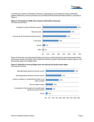  
	
  
To certify user access to information resources, organizations use homegrown access certification
systems followed by manual processes and commercial off-the-shelf automated solutions, according to
Figure 4.
Figure 4. Processes to certify user access to information resources
Two responses permitted

Homegrown access certification systems

65%

Manual process

53%
45%

Commercial off- the-shelf automated solutions
IT help desk

30%

Unsure

5%
2%

Other
0%

10%

20%

30%

40%

50%

60%

70%

Figure 5 shows that manually-based identity and access controls followed by technology-based identity
and access controls are mostly used to detect the sharing of system administration access rights or root
level access rights by privileged users.
Figure 5. Detection of how privilege users are sharing root level access rights
One response permitted

Manually-based identity and access controls

39%

Technology-based identity and access controls

21%

Access to sensitive or confidential information is not
really controlled

18%

We are unable to detect

10%

A combination of technology and manually-based
identity and access controls

9%

Unsure

3%
0%

Ponemon Institute© Research Report

5% 10% 15% 20% 25% 30% 35% 40% 45%

Page 5	
  

 