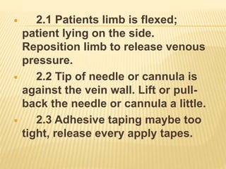  2.1 Patients limb is flexed;
patient lying on the side.
Reposition limb to release venous
pressure.
 2.2 Tip of needle or cannula is
against the vein wall. Lift or pull-
back the needle or cannula a little.
 2.3 Adhesive taping maybe too
tight, release every apply tapes.
 