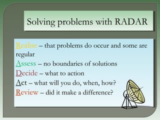 Solving problems with RADAR  R ealise  – that problems do occur and some are regular A ssess   – no boundaries of solutions  D ecide  – what to action A ct  – what will you do, when, how?  R eview   – did it make a difference? 