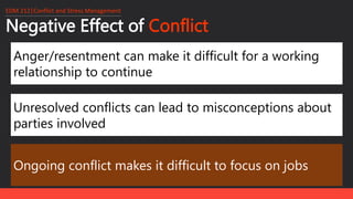Negative Effect of Conflict
EDM 212│Conflict and Stress Management
Anger/resentment can make it difficult for a working
relationship to continue
Unresolved conflicts can lead to misconceptions about
parties involved
Ongoing conflict makes it difficult to focus on jobs
 