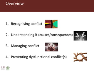 Overview
1. Recognising conflict
2. Understanding it (causes/consequences)
3. Managing conflict
4. Preventing dysfunctiona...