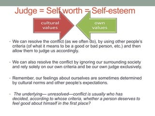 Judge = Self worth = Self-esteem
• We can resolve the conflict (as we often do), by using other people’s
criteria (of what it means to be a good or bad person, etc.) and then
allow them to judge us accordingly.
• We can also resolve the conflict by ignoring our surrounding society
and rely solely on our own criteria and be our own judge exclusively.
• Remember, our feelings about ourselves are sometimes determined
by cultural norms and other people’s expectations.
• The underlying— unresolved—conflict is usually who has
decided, according to whose criteria, whether a person deserves to
feel good about himself in the first place?
 