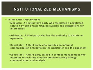  THIRD PARTY MECHANISM
 Mediator: A neutral third party who facilitates a negotiated
solution by using reasoning, persuasion and suggestions for
alternatives
 Arbitrator: A third party who has the authority to dictate an
agreement
 Conciliator: A third party who provides an informal
communication link between the negotiator and the opponent
 Consultant: A third party skilled in conflict management who
attempts to facilitate creative problem solving through
communication and analysis
INSTITUTIONALIZED MECHANISMS
 