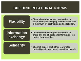 • Channel members expect each other to
adapt readily to changing circumstance with
a minimum of obstruction and negotiation.
Flexibility
• Channel members expect each other to
share any and all pertinent information –no
matter how sensitive .
Information
exchange
• Channel expect each other to work for
mutual benefit ,not merely one sided benefit.
Solidarity
BUILDING RELATIONAL NORMS
 