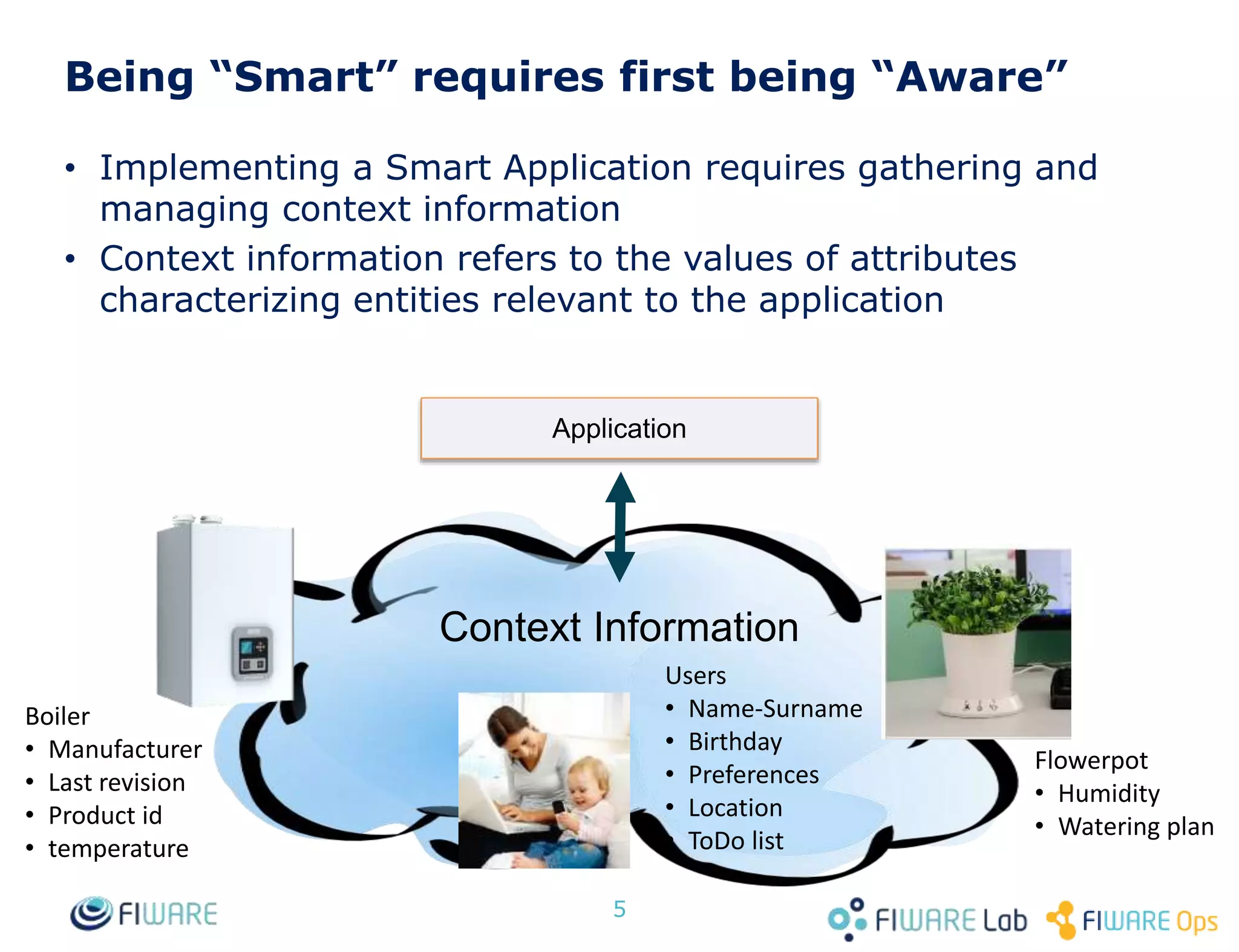 Being “Smart” requires first being “Aware”
• Implementing a Smart Application requires gathering and
managing context information
• Context information refers to the values of attributes
characterizing entities relevant to the application
5
Boiler
• Manufacturer
• Last revision
• Product id
• temperature
Users
• Name-Surname
• Birthday
• Preferences
• Location
• ToDo list
Flowerpot
• Humidity
• Watering plan
Context Information
Application
 