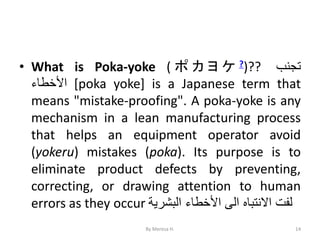 • What is Poka-yoke ( ポ カ ヨ ケ ?)?? ‫تجنب‬
‫األخطاء‬ [poka yoke] is a Japanese term that
means "mistake-proofing". A poka-yoke is any
mechanism in a lean manufacturing process
that helps an equipment operator avoid
(yokeru) mistakes (poka). Its purpose is to
eliminate product defects by preventing,
correcting, or drawing attention to human
errors as they occur ‫لفت‬
‫االنتباه‬
‫الى‬
‫األخطاء‬
‫البشرية‬
14
By Meresa H.
 