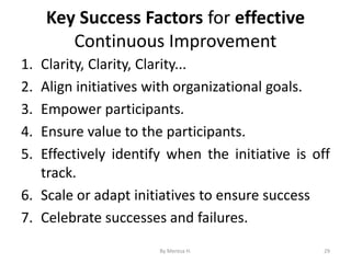 Key Success Factors for effective
Continuous Improvement
1. Clarity, Clarity, Clarity...
2. Align initiatives with organizational goals.
3. Empower participants.
4. Ensure value to the participants.
5. Effectively identify when the initiative is off
track.
6. Scale or adapt initiatives to ensure success
7. Celebrate successes and failures.
29
By Meresa H.
 