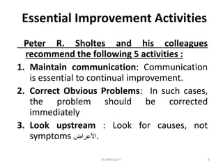 Essential Improvement Activities
Peter R. Sholtes and his colleagues
recommend the following 5 activities :
1. Maintain communication: Communication
is essential to continual improvement.
2. Correct Obvious Problems: In such cases,
the problem should be corrected
immediately
3. Look upstream : Look for causes, not
symptoms ‫األعراض‬.
6
By Meresa H.
 