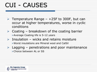 CUI - CAUSES
 Temperature Range – +25F to 300F, but can
occur at higher temperatures, worse in cyclic
conditions
 Coating – breakdown of the coating barrier
Average Coating life is 5-12 years
 Insulation – wicks and retains moisture
Worst insulations are Mineral wool and CalSil
 Lagging – penetrations and poor maintenance
Choice between AL or SS
 