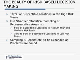 THE BEAUTY OF RISK BASED DECISION
MAKING
 100% of Susceptible Locations in the High Risk
Items
 Use Stratified Statistical Sampling of
Representative Areas in:
 50% of Susceptible Locations in Medium High and
Medium Risk Items
 10% to 50% of Susceptible Locations in Low Risk
Items
 Sampling & Repairs etc. to be Expanded as
Problems are Found
 