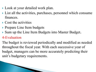 Look at your detailed work plan.
 List all the activities, purchases, personnel which consume
finances.
 Cost the activities
 Prepare Line Item budgets
 Sum up the Line Item Budgets into Master Budget.
4-Evaluation
The budget is reviewed periodically and modified as needed
throughout the fiscal year. With each successive year of
budget, managers can be more accurately predicting their
unit’s budgetary requirements.
 
