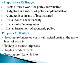  Importance Of Budget
1. It sets a frame work for policy formulation
2. Budgeting is a means of policy implementation
3. A budget is a means of legal control
4. It is a tool of accountability
5. It is a tool of management
6. It is an instrument of economic policy
Purposes Of Budget
 To compare budgeted costs with actual costs at the same
level of activity
 To help in controlling costs
 To plan product levels
 To compare like with like
 
