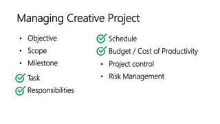 Managing Creative Project
• Objective
• Scope
• Milestone
Schedule
Budget / Cost of Productivity
Task
Responsibilities
• Project control
• Risk Management
 