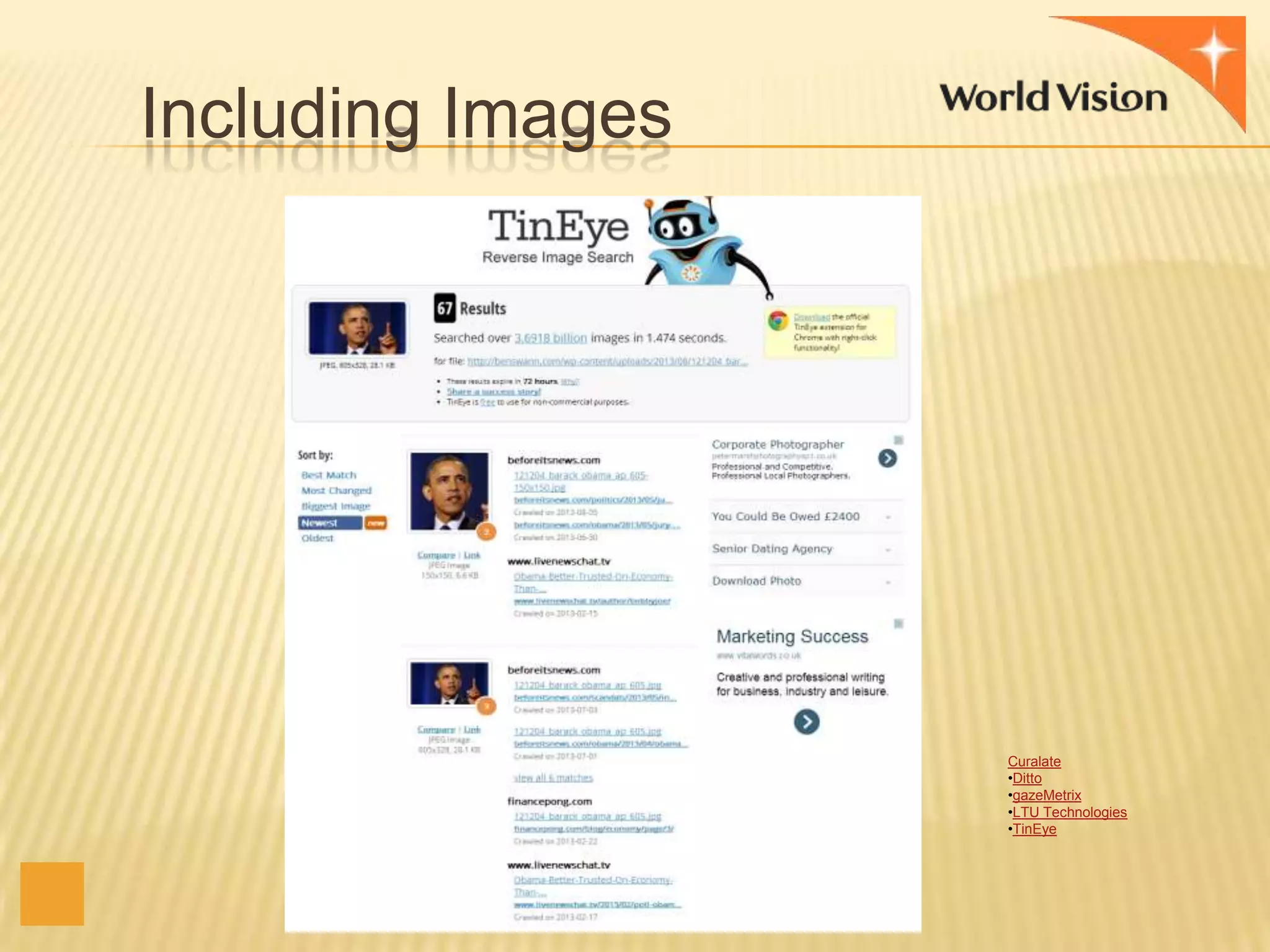 Including Images

Curalate
•Ditto
•gazeMetrix
•LTU Technologies
•TinEye

 