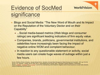 Evidence of SocMed
significance
● Blogs and Social Media: “The New Word of Mouth and its Impact

on the Reputation of the Voluntary Dector and on their
Capability”
● ...Social media-based metrics (Web blogs and consumer
ratings) are significant leading indicators of firm equity value.
● Companies, brands, politicians, governmental institutions, and
celebrities have increasingly been facing the impact of
negative online WOM and complaint behaviour.
● In reaction to any questionable statement or activity, social
media users can create huge waves of outrage within just a
few hours.
Source: Eleftheria (Roila) Christakou, George-Michael Klimis Handbook of Social Media Management Media Business and Innovation 2013, pp 715-735
Source: Luo, Xueming, J. Zhang, and W. Duan (2013), “Social Media and Firm Equity Value,” Information Systems Research, Forthcoming
Source: J. Pfeffera*, T. Zorbachb & K. M. Carleya (June 2013) Understanding online firestorms: Negative word-of-mouth dynamics in social media networks.
Journal of Marketing Communications

 
