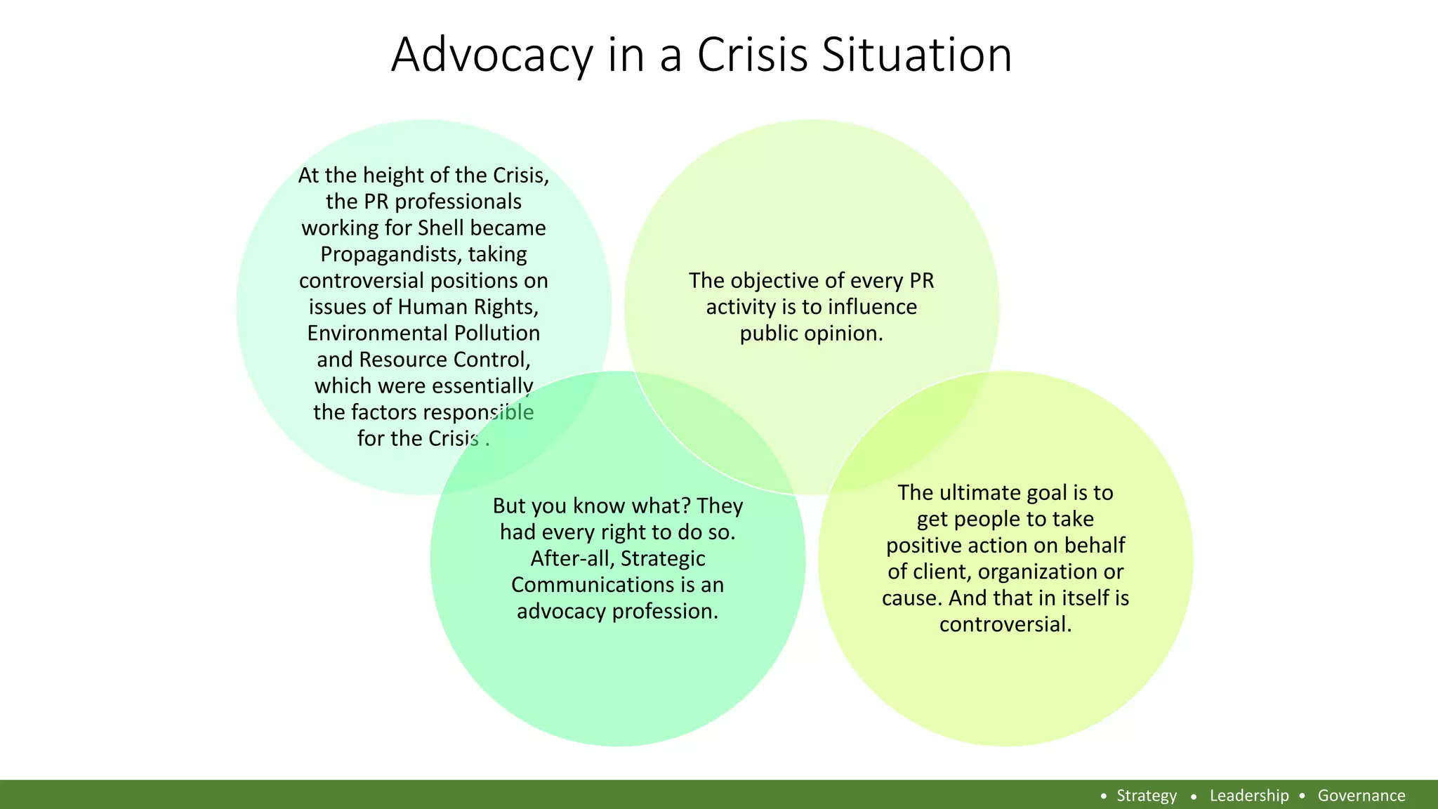Advocacy in a Crisis Situation
At the height of the Crisis,
the PR professionals
working for Shell became
Propagandists, taking
controversial positions on
issues of Human Rights,
Environmental Pollution
and Resource Control,
which were essentially
the factors responsible
for the Crisis .
But you know what? They
had every right to do so.
After-all, Strategic
Communications is an
advocacy profession.
The objective of every PR
activity is to influence
public opinion.
The ultimate goal is to
get people to take
positive action on behalf
of client, organization or
cause. And that in itself is
controversial.
Strategy Leadership Governance
 