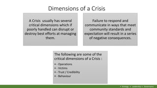 Dimensions of a Crisis
A Crisis usually has several
critical dimensions which if
poorly handled can disrupt or
destroy bes...