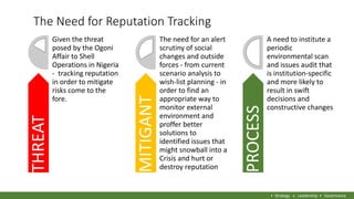 The Need for Reputation Tracking
THREAT Given the threat
posed by the Ogoni
Affair to Shell
Operations in Nigeria
- tracki...