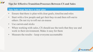 ©2015 Gainsight. All Rights Reserved.
Tips for Effective TransitionProcesses Between CS and Sales
• Ensure that there is plan with clear goals, timeline and roles
• Start with a few people and get their buy-in and then roll-out to
others. Do not try to roll out en-masse
• Use carrots and sticks
• When working with sales, CS should use the tools that they use and
work in their environment.Make it easy for them
• Measure the results – keep everyone accountable
Take baby steps but have a clear plan
 