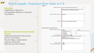 ©2015 Gainsight. All Rights Reserved.
Objectives
•Organization Objectives
•AdvocateHub Definition of Success
•Key Metrics
Specific Information During the Sales
Process
•Objections during the sale process
•Launch Time Frame
•Any red flags or special terms
•Customer Executive
•Who are the main contacts
Past Example: Transition from Sales to CS
 