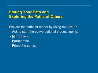 Stating Your Path andStating Your Path and
Exploring the Paths of OthersExploring the Paths of Others
Explore the paths of others by using the AMPP ;
- Ask to start the conversational process going.
- Mirror back.
- Paraphrase.
- Prime the pump.
 